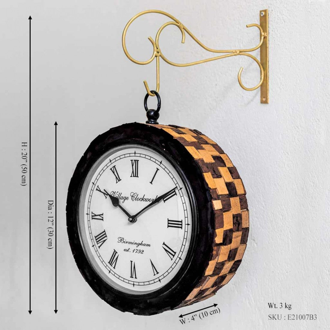 Railway Clock Chequered Sleeper Wood Dia 12 Inch