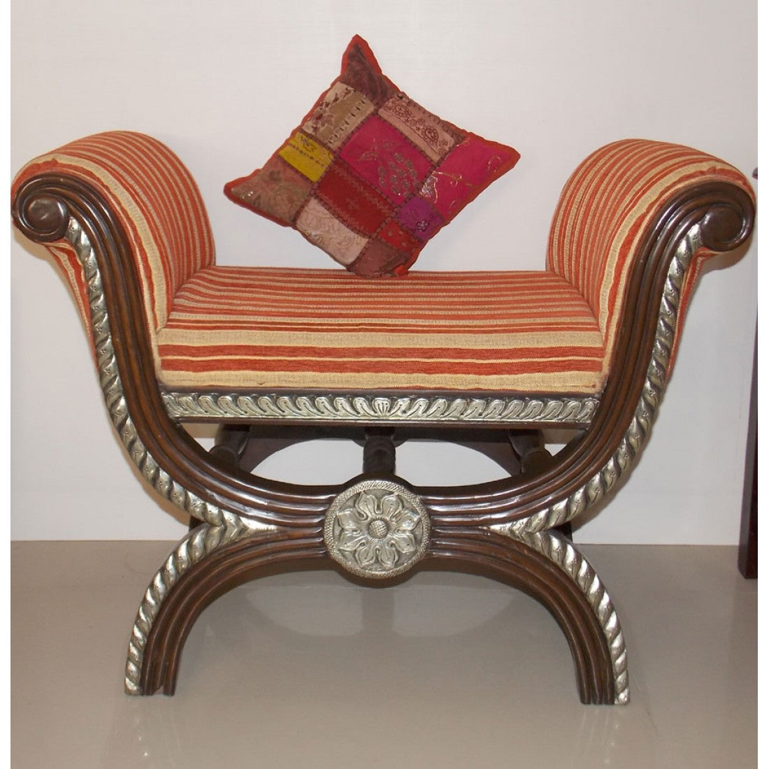 Teak Wood Roman Seater With Metal Artwork