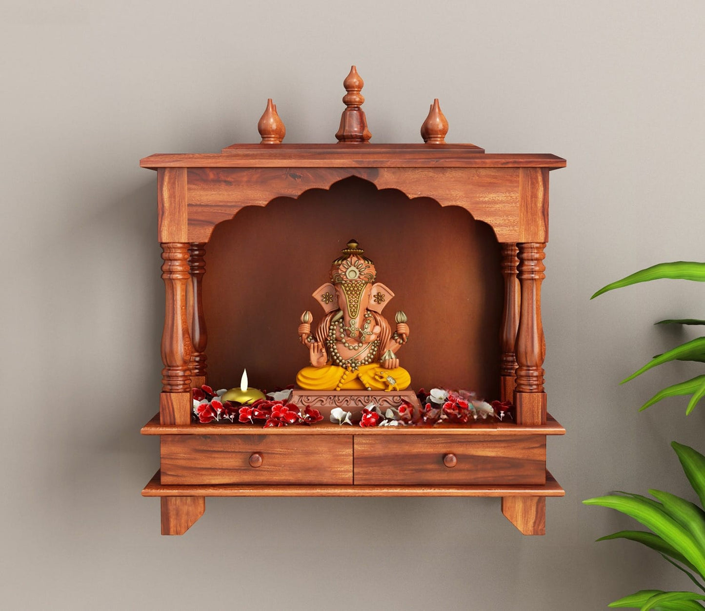 Udaipur Handicrafts Itiha Solid Wood Wall Mounted Pooja Mandir with Intricate Carvings (Honey Finish)