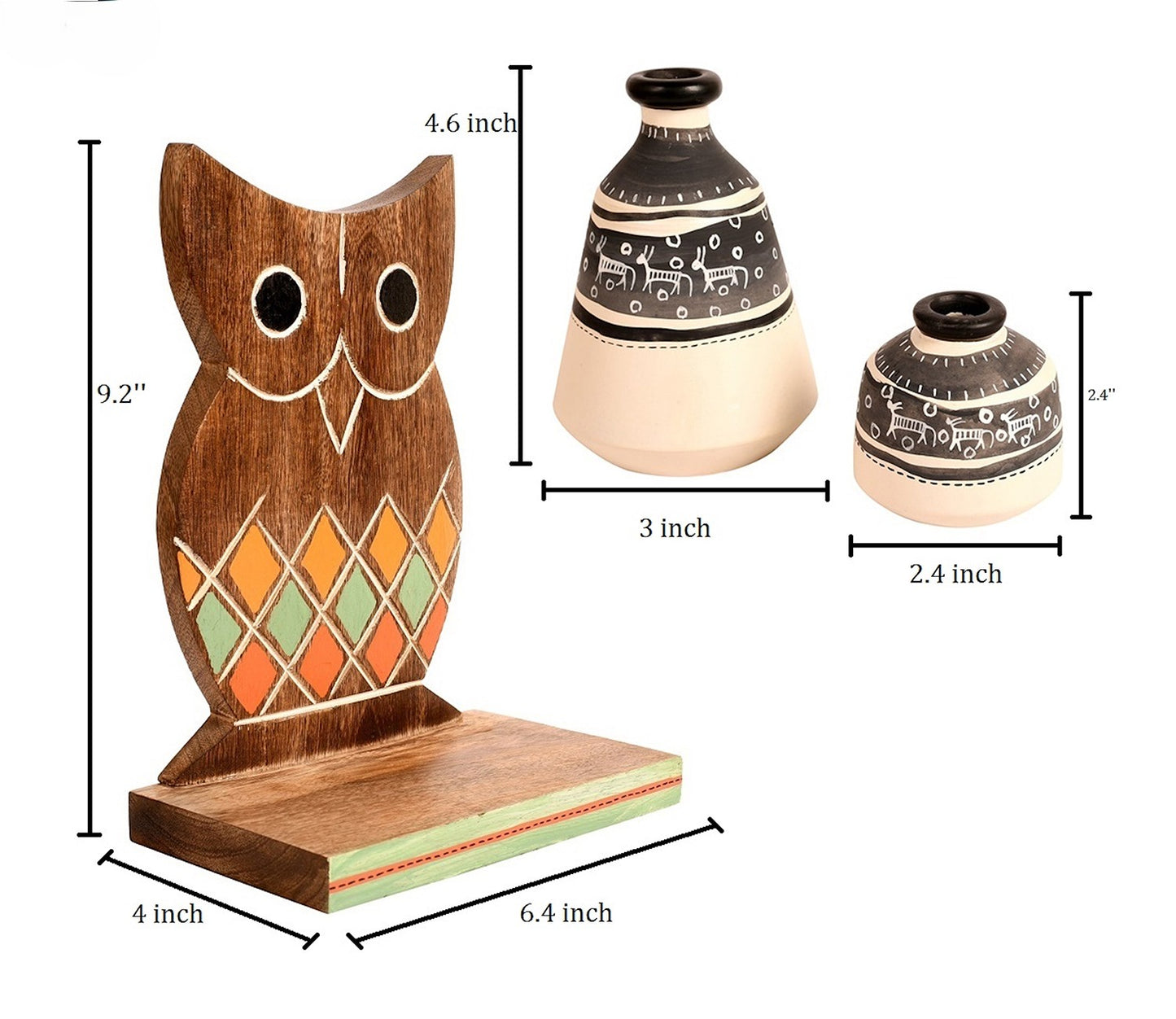 Udaipur Handicrafts Natural Brown Owl Shelf With Two Pots