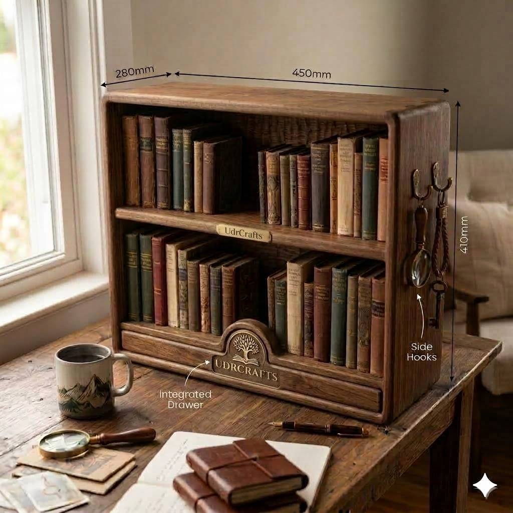 UdrCrafts® Handcrafted Wooden Tabletop Bookshelf with Storage Drawer – Compact 2-Tier Desktop Book Organizer & Magazine Holder Rack with Utility Side Hooks