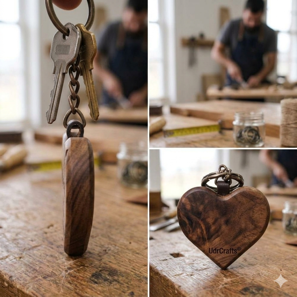 UdrCrafts® Custom Engraved Wooden Name Keychain for Couples - Personalized Heart Shaped Keyring Gift