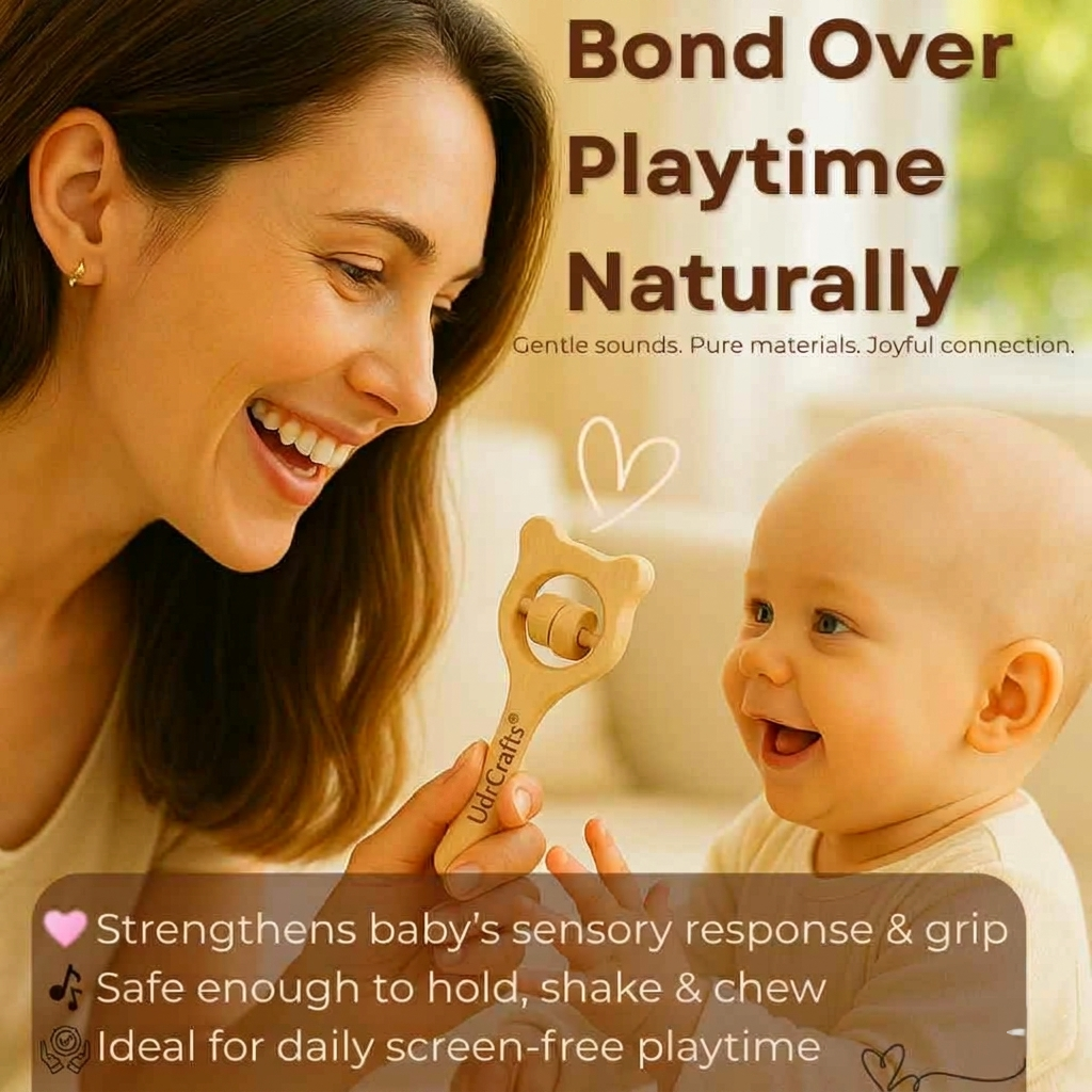 UdrCrafts® Wooden Rattle Set for Babies 0-6 Months, 6-12 Months | New Born Toys | Baby Shower Gifts | New Born Baby Essentials | Rattle Toys (Ring+Dumbbell+Micky Head)