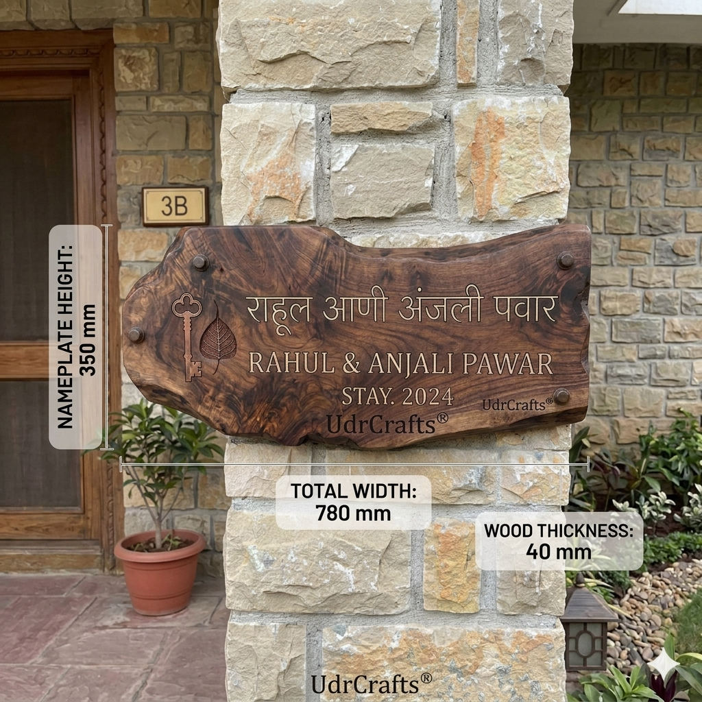 UdrCrafts® Customized Wooden Name Plate for Home - Personalized Natural Live Edge Wood Sign with 3D Gold Letters (16" x 10")