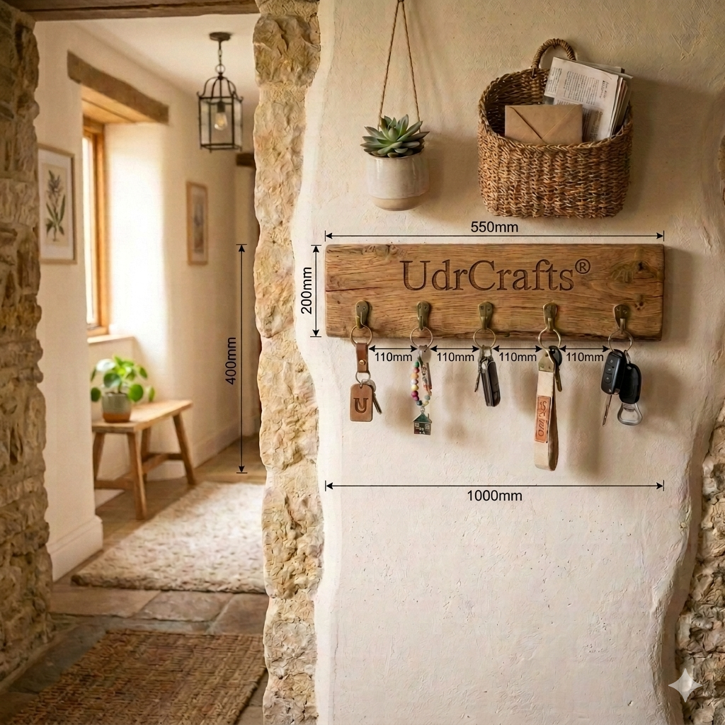UdrCrafts® Premium Handcrafted Wooden Key Holder for Wall | 5 Metal Hooks Key Stand with Dimensions (550mm x 200mm) | Rustic Wood Key Hanger Organizer for Home Entrance, Living Room & Office Decor