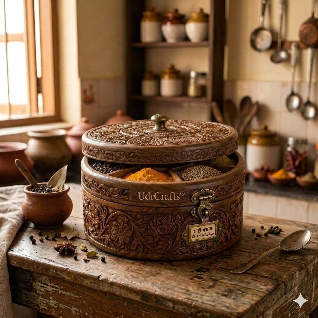 UdrCrafts® Handcrafted Wooden Masala Box | 10-Inch Round Antique Spice Organizer Container for Kitchen with Brass Hardware