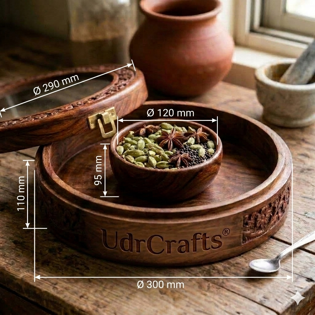 UdrCrafts® Premium Wooden Masala Box | Elegant Round Spice Organizer Container for Kitchen Decor | Sheesham Wood Masala Dani with Transparent Glass Lid
