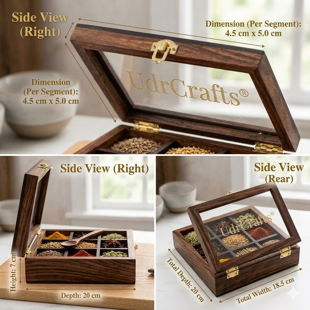 UdrCrafts® Handcrafted Square Wooden Masala Box | 9-Grid Kitchen Spice Organizer with See-Through Glass Window and Free Wooden Spoon