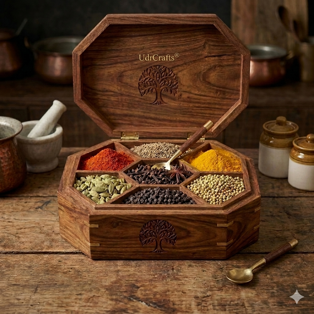 UdrCrafts® Antique Wooden Masala Box | Square Spice Containers for Kitchen with Unique Tree Carving & Brass Joints | Ideal Luxury Handicraft Gift Item for Diwali & Housewarming