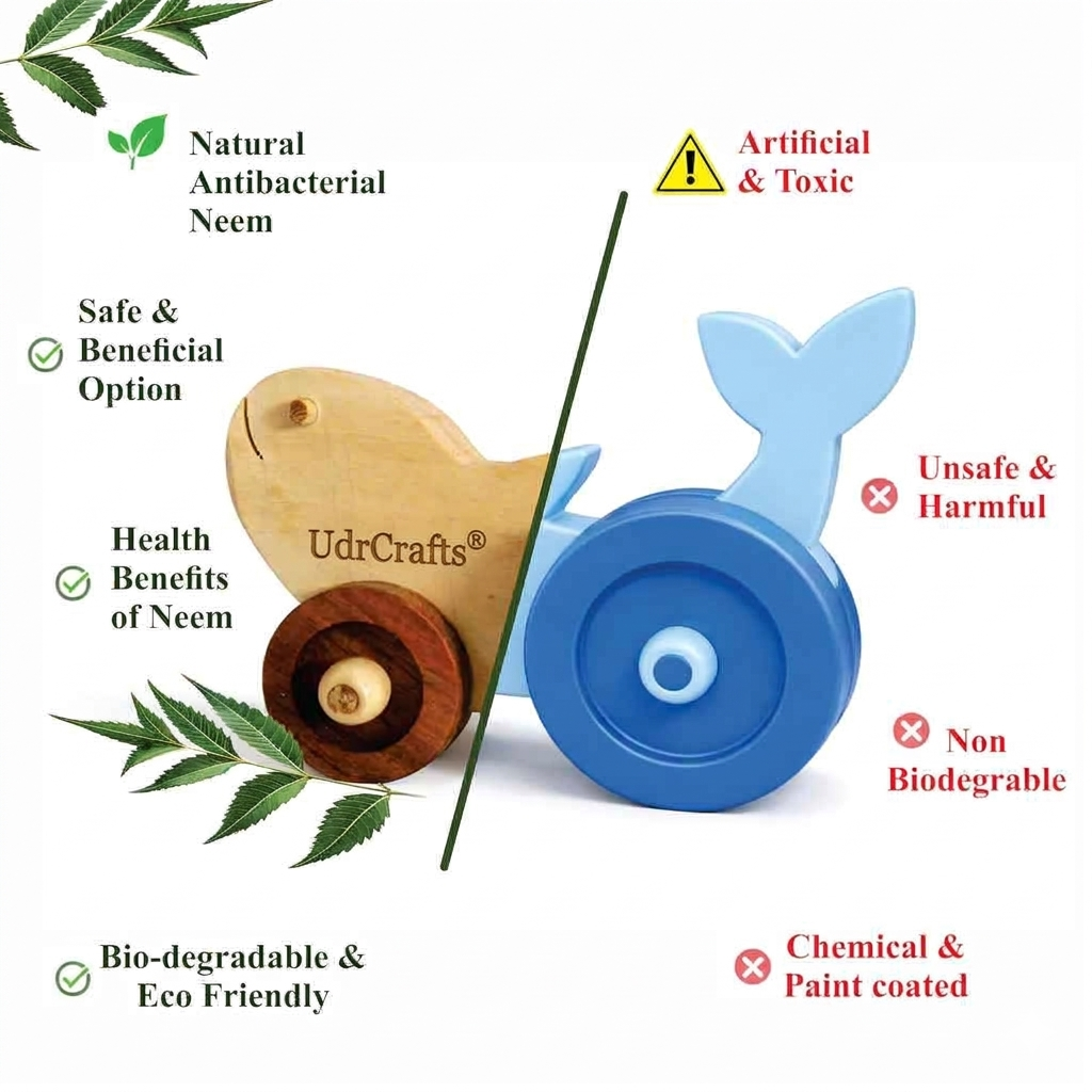 UdrCrafts® Wooden Whale Pull-Along Toy for Toddlers Fish | Natural Solid Wood | No Metal | Eco-Friendly & Plastic-Free | Smooth Rolling Wheels | Nursery Decor Toy (2–5 Years)