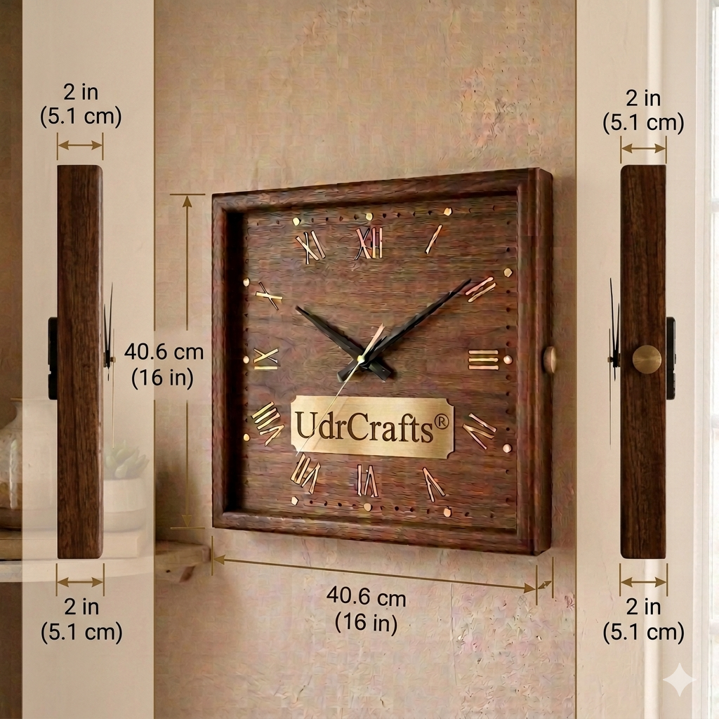 UdrCrafts® 16" Luxury Square Wooden Wall Clock | Handmade Antique Style Solid Wood Wall Watch for Living Room, Bedroom & Office Decor (Walnut Wood)