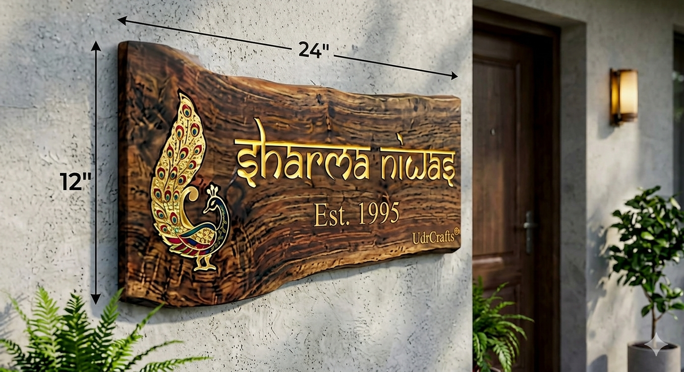 UdrCrafts® Premium Wooden Nameplate for Home Entryway | Custom Handcrafted Solid Wood Hanging Sign with Elegant Peacock Emblem (Size: 12" x 24")