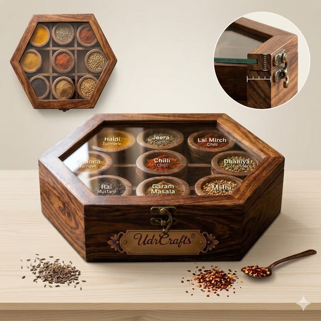 UdrCrafts® Handcrafted Square Wooden Masala Box | 10-Inch Spice Organizer with See-Through Glass Window and 9 Deep Compartments