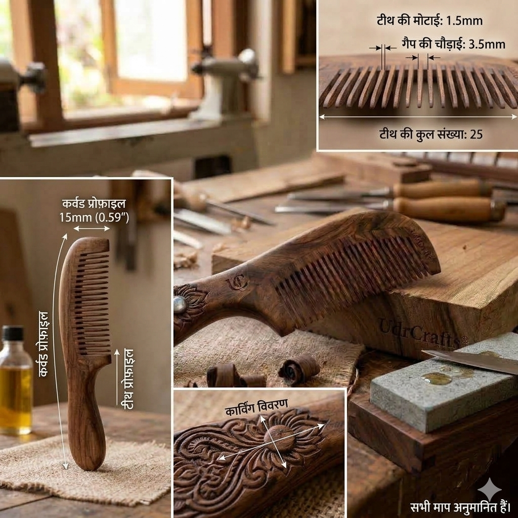 UdrCrafts® Designer Wooden Comb – Wide Tooth Hair Detangling Comb with Carved Handle, Anti-Hair Fall & Scalp Stimulation, Perfect for Gifting
