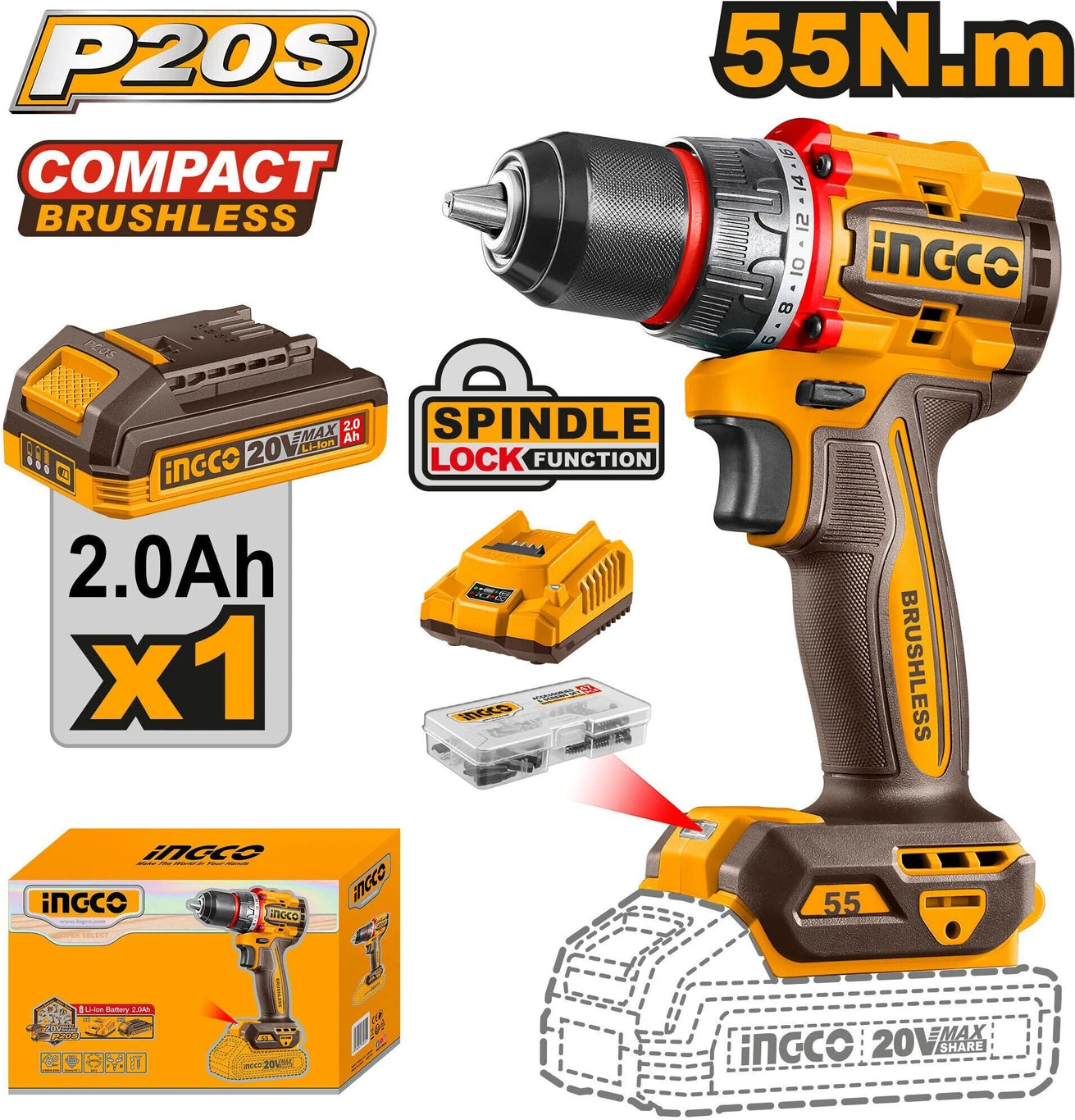 INGCO Compact Brushless Cordless Drill CDLI205582
