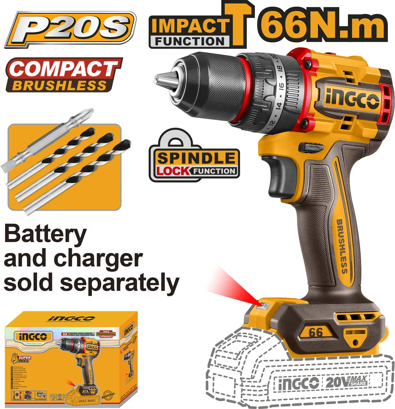 INGCO Compact Brushless Cordless Impact Drill CIDLI206681