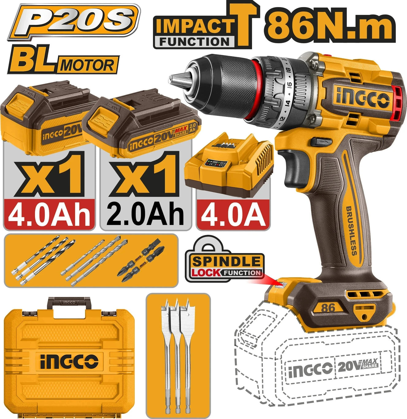 INGCO Brushless cordless impact drill CIDLI20868