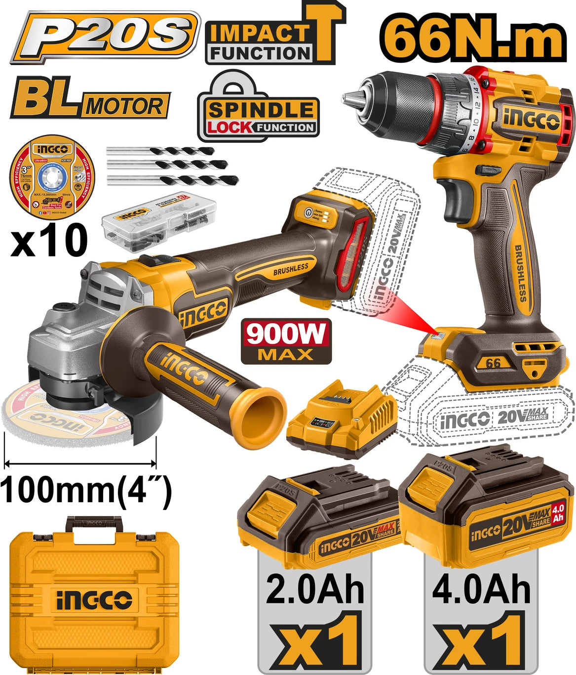INGCO Cordless 2 pcs combo kit CKLI2027310