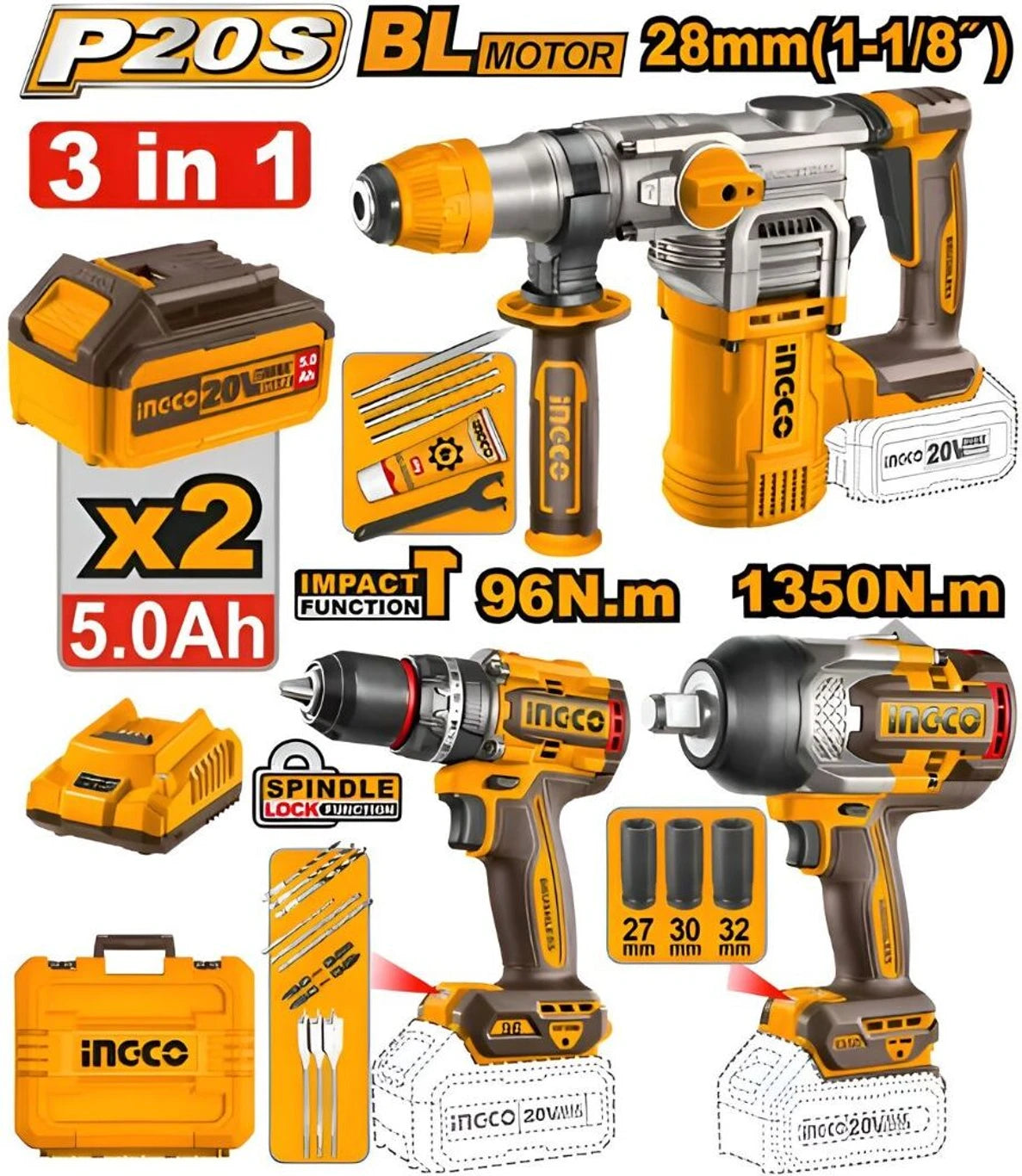 INGCO Cordless 3 Pcs Combo Kit COSLI250281 Cordless Drill (13 mm Chuck