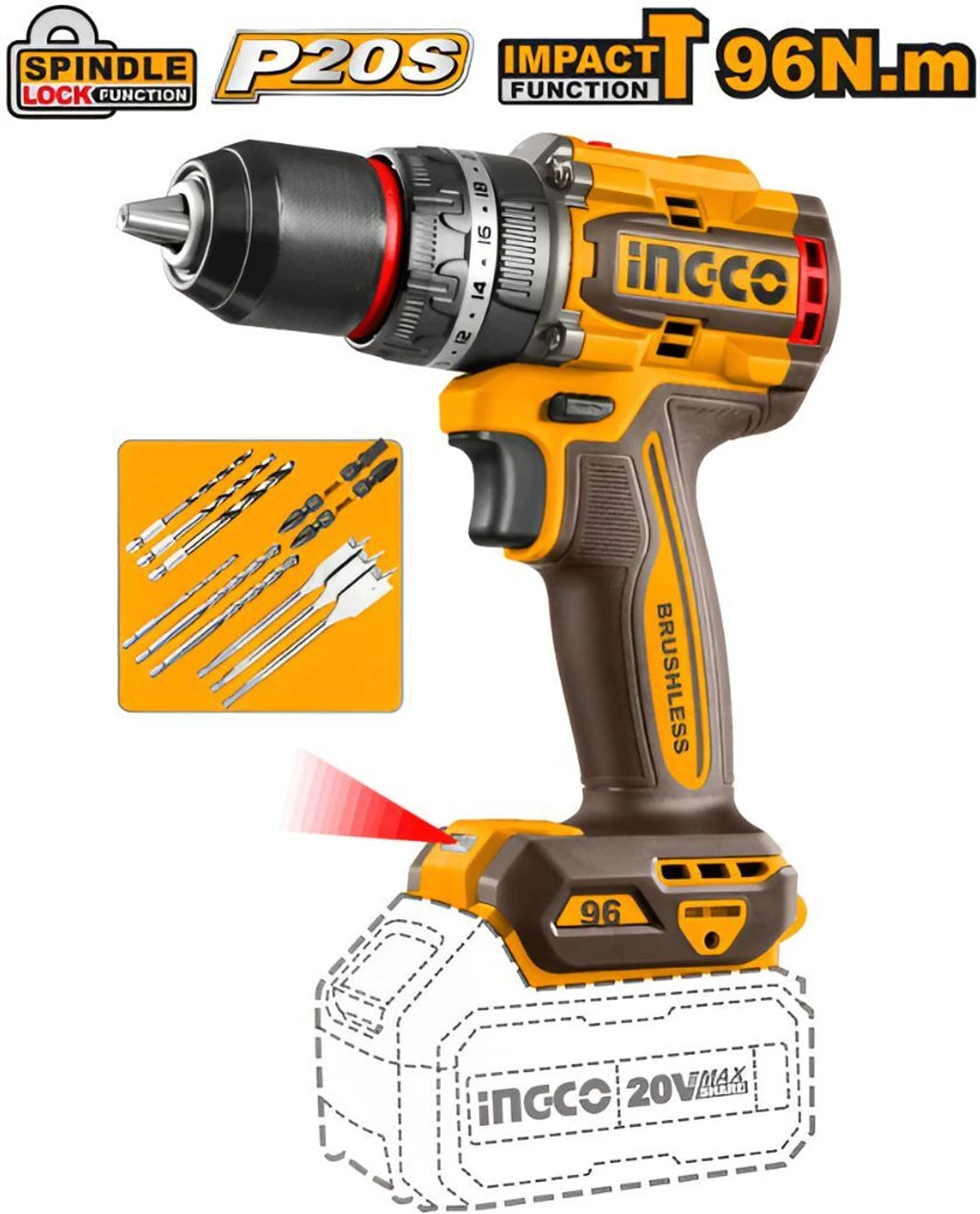 INGCO Cordless 3 Pcs Combo Kit COSLI250281 Cordless Drill (13 mm Chuck