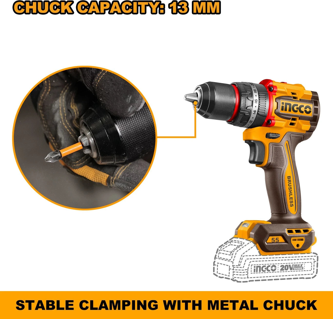 INGCO Compact Brushless Cordless Impact Drill CIDLI20558