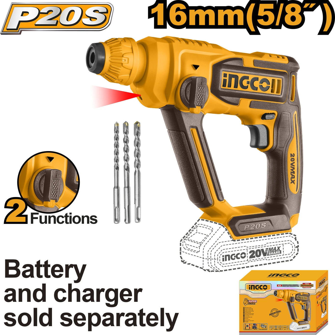 INGCO CRHLI20168 Rotary Hammer Drill (16 mm Chuck Size, 20 W)