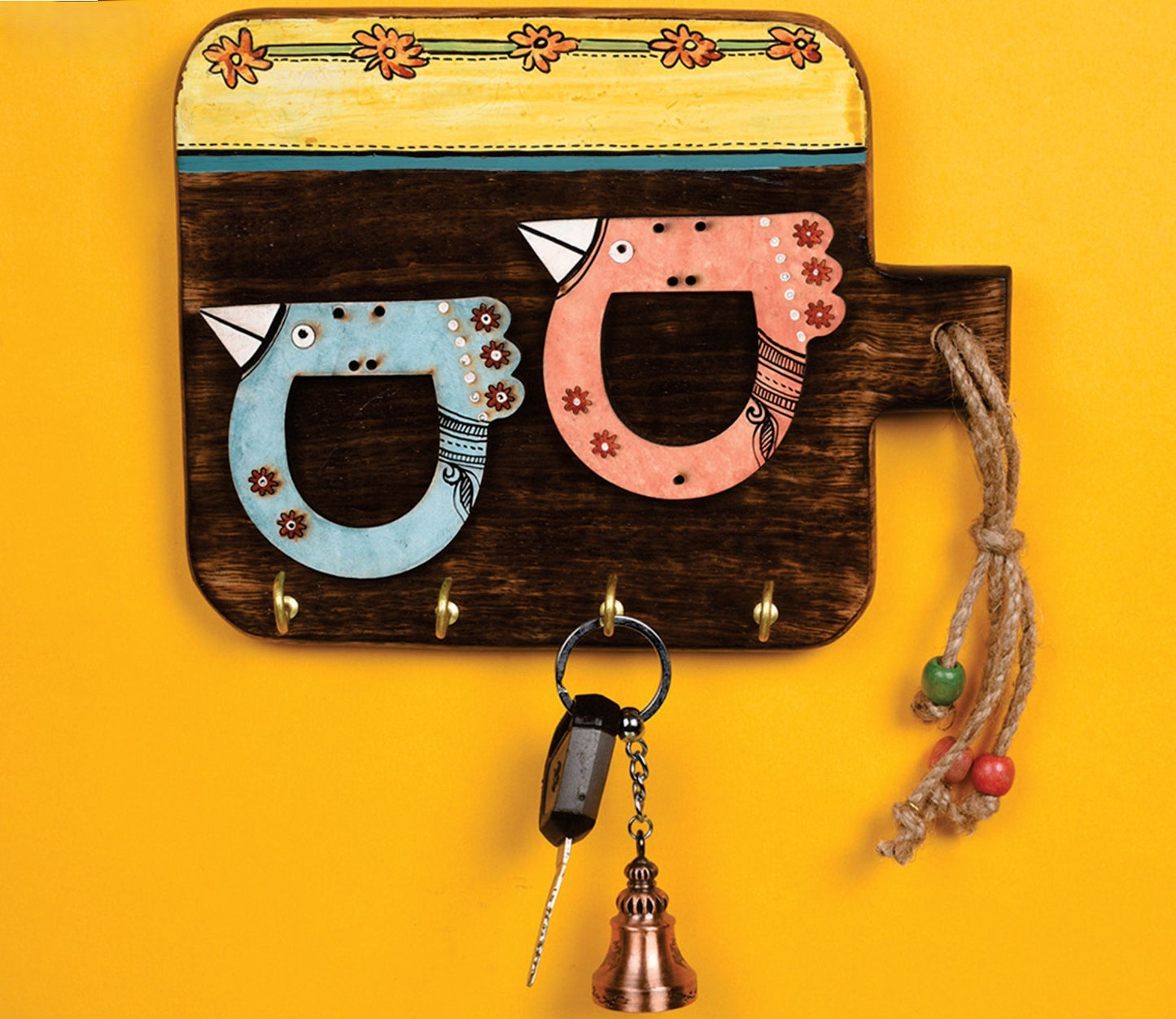 Udaipur Handicrafts Wood Two Bird Design Tribal Art Handcrafted Key Holder