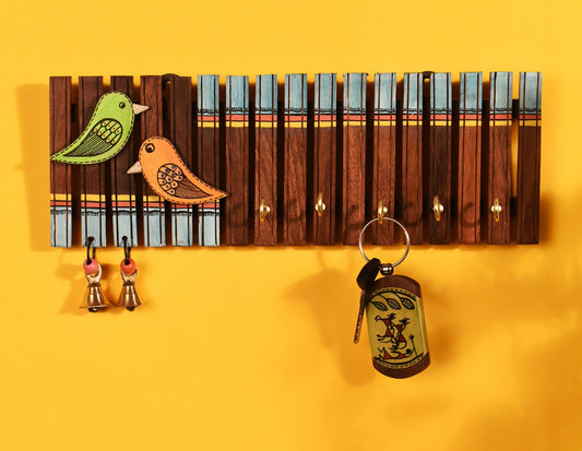 Udaipur Handicrafts Wood Handcrafted Tribal Art Wooden Stripes And Birds Key Holder