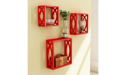 Udaipur Handicrafts Wood  Wall Mounted Cube Shelf Rack Set of 3 (Red)