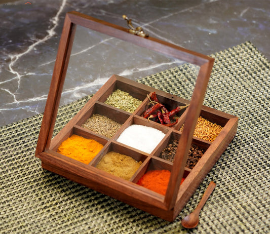 Udaipur Handicrafts Wood Brown Decorative Multi Purpose Spice Box With Nine Partitions And Spoon