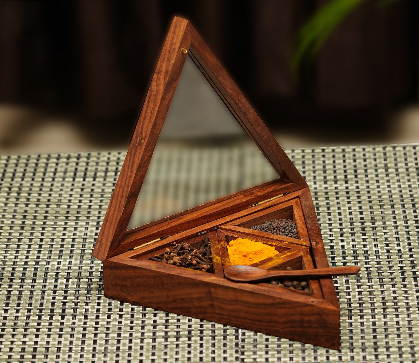 Udaipur Handicrafts  Wooden Spice Box In Triangle Shape With 4 Containers And Spoon