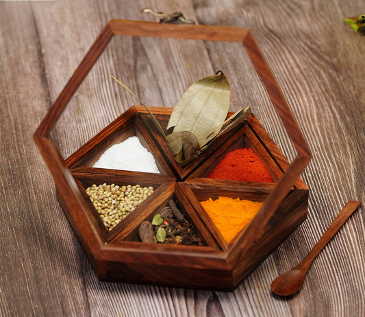 Udaipur Handicrafts Wooden Hand Crafted Spice Box With 6 Containers And Spoon