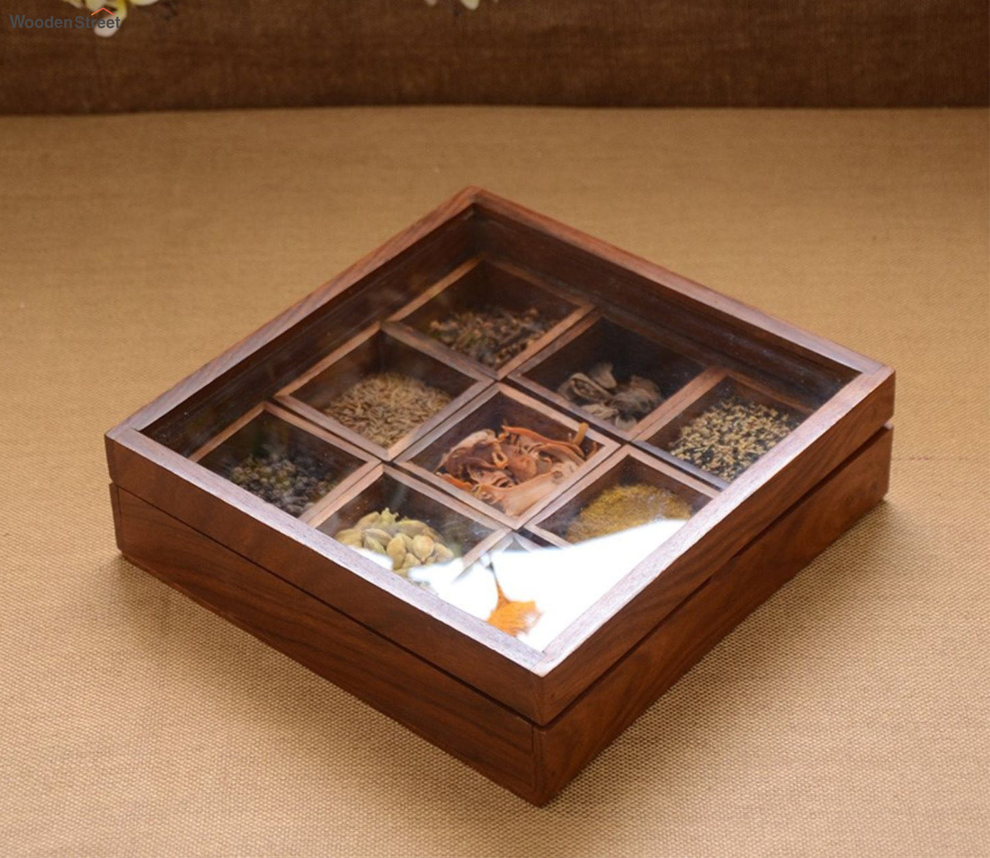 Udaipur Handicrafts Brown Square Shape Wooden Masala Box