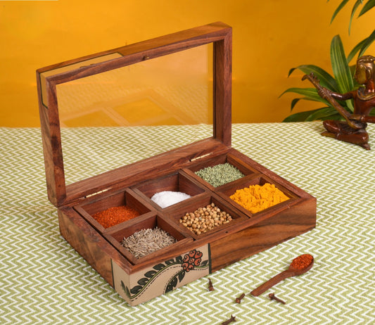 Udaipur Handicrafts  Wood Brown  Spice Box With Six Partitions And Spoon