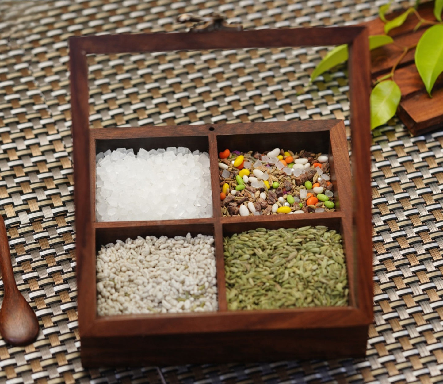 Udaipur Handicrafts Brown Wooden Spice Box With 4 Containers And Spoon