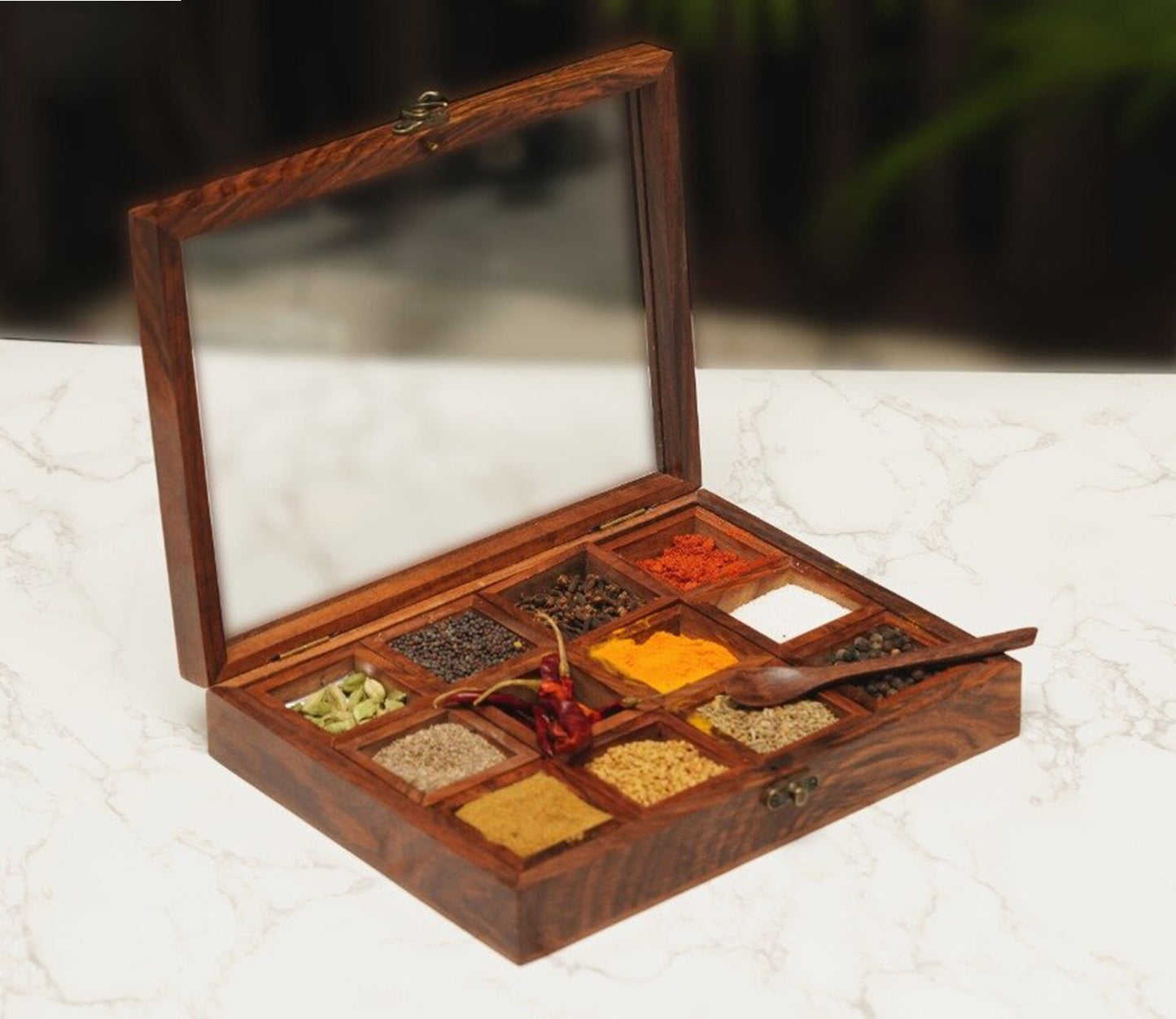Udaipur Handicrafts Decorative Multi Purpose Wooden Spice Box With 12 Containers And Spoon