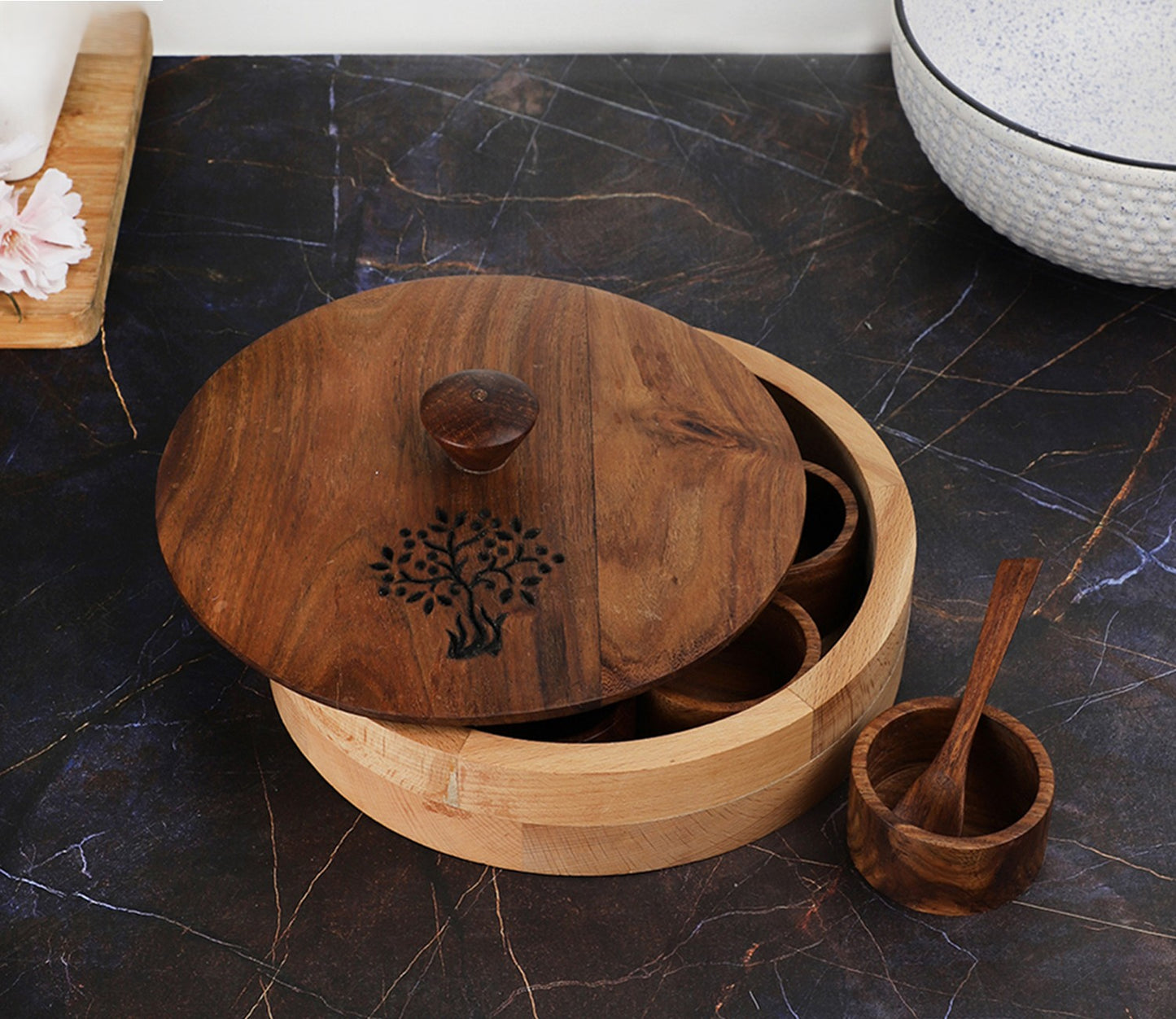 Udaipur Handicrafts Tree of Life Wood  Masala Dani for Seven Spices