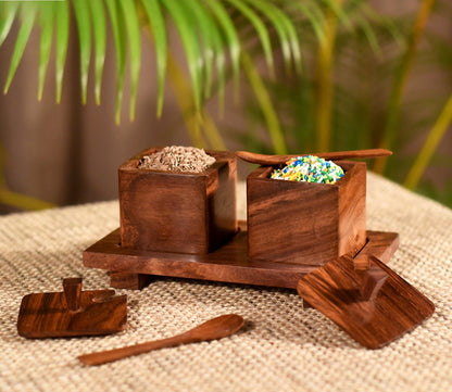 Udaipur Handicrafts Brown Set of 2 Hand carved Wooden Jars with Spoon and Tray