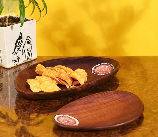 Udaipur Handicrafts Tribal Art Wooden Platter Oval Shape Set of 2