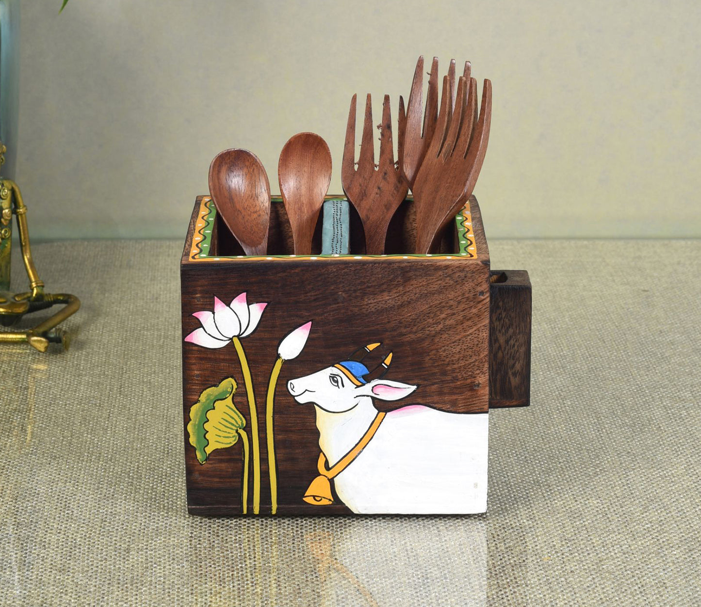 Udaipur Handicrafts Pichhwai Leela Mango Wood Cutlery Holder