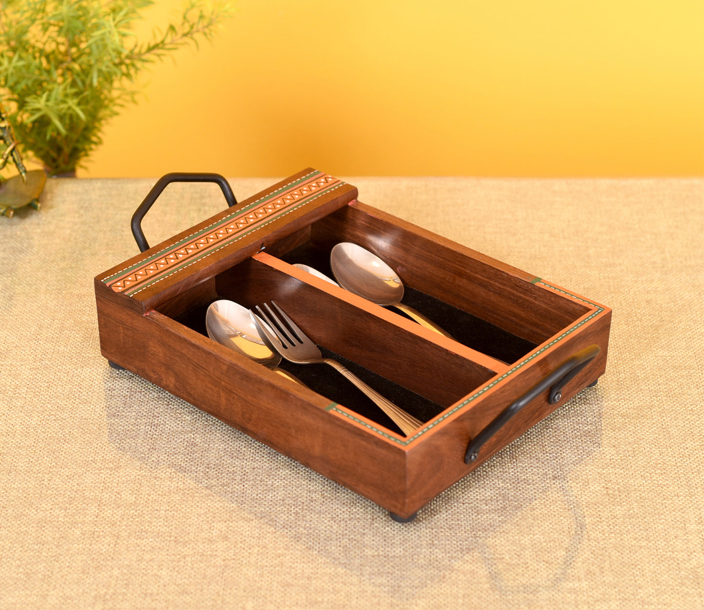 Udaipur Handicrafts Wood Madhubani Art Handcrafted Cutlery Holder Box