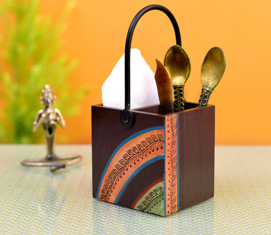 Udaipur Handicrafts Floral Pattern Handcrafted Wooden Cutlery Stand with Iron Handle