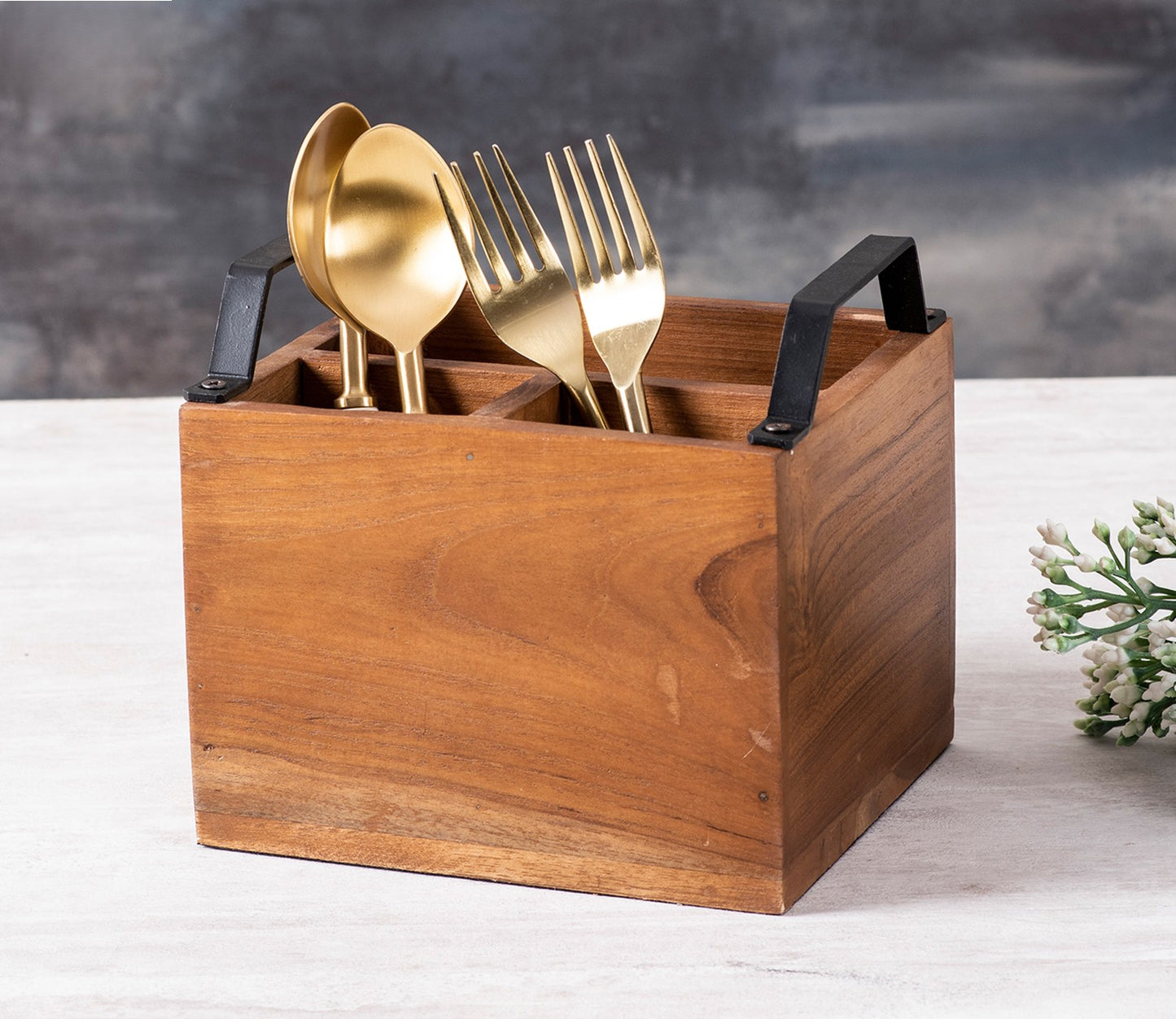 Udaipur Handicrafts Nestroots Wooden Spoon Stand & Napkin Holder for Kitchen | 7 Inch Brown Cutlery & Tissue Organizer for Dining Table