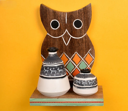 Udaipur Handicrafts Natural Brown Owl Shelf With Two Pots