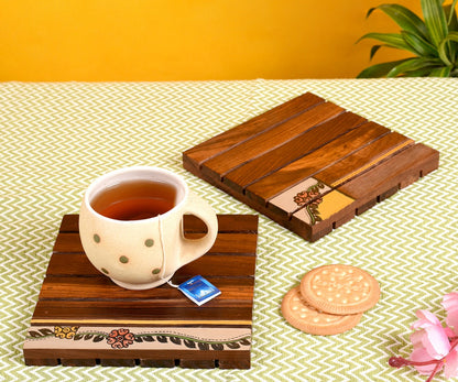 Udaipur Handicrafts Wooden Handcrafted Flower Art Coaster