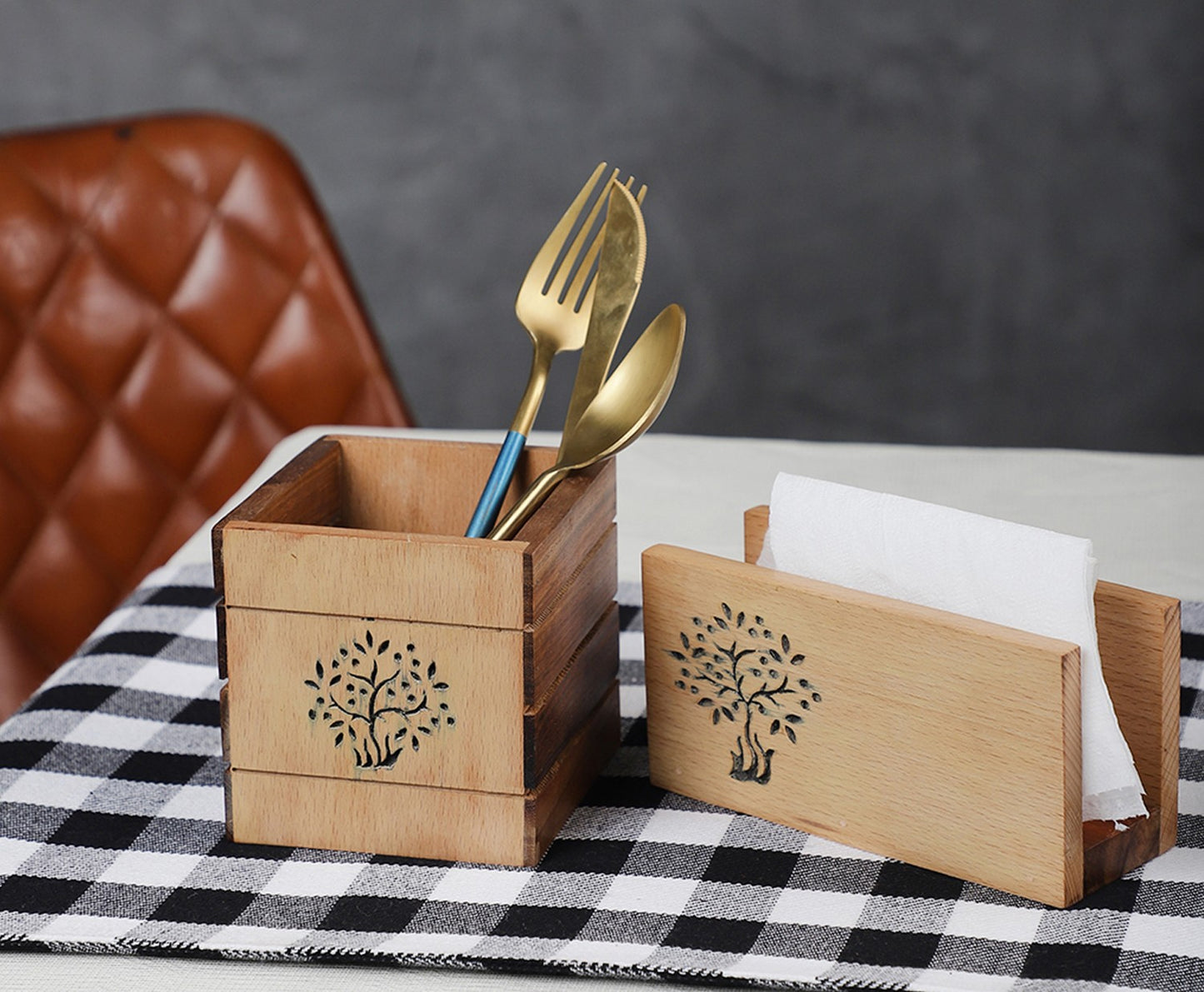 Udaipur Handicrafts Tree of Life Sheesham & Beech Wood Cutlery Holder and Napkin Holder Set of 2