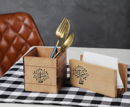 Udaipur Handicrafts Tree of Life Sheesham & Beech Wood Cutlery Holder and Napkin Holder Set of 2