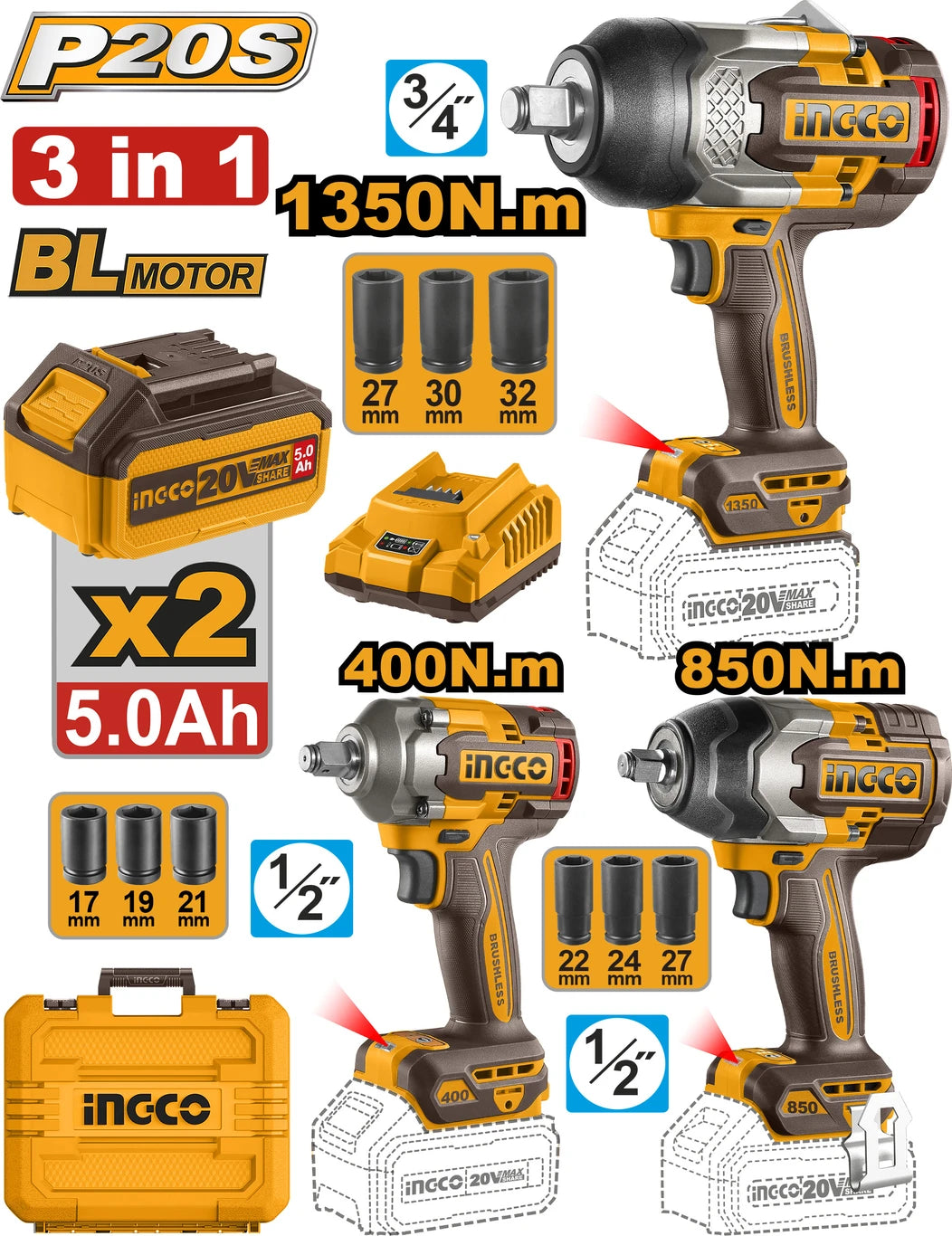 INGCO Cordless 3 pcs combo kit COSLI250386