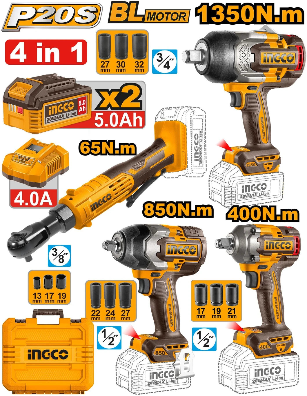 INGCO Cordless 4 pcs combo kit COSLI250783