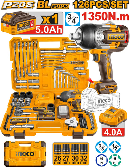 INGCO 126 Pcs Cordless impact wrench tools set HKTHP31261